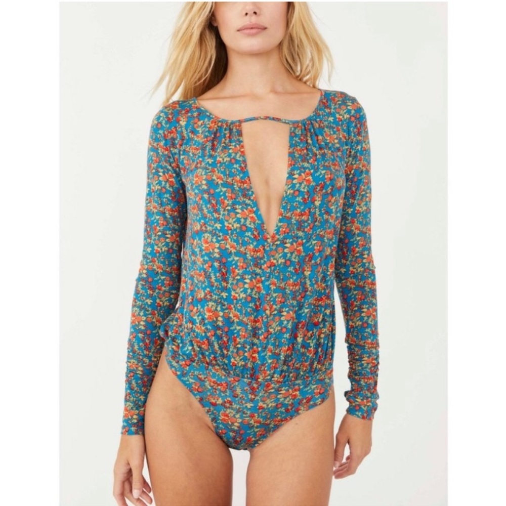 Free People Floral Bodysuit in Blue and Red